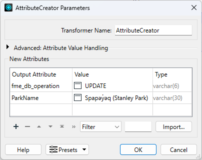 AttributeCreator configuration